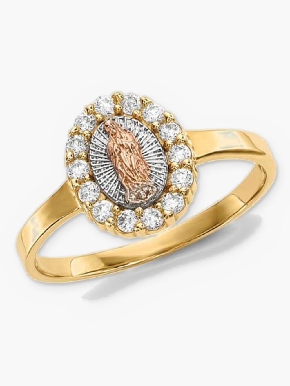 14K Solid Gold Tri-Color Virgin of Guadalupe Ring CZ Halo Religious Ring